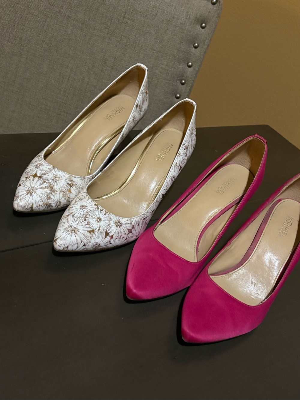 Michael Kors Floral White Pointed-Toe Pumps & Hot Pink Satin Pointed-Toe Pumps